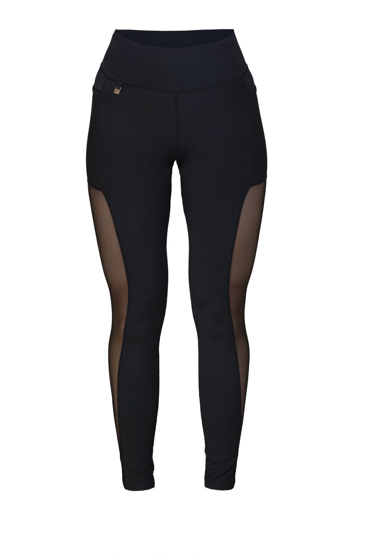 Edge Mesh Träningstights Med Fickor frilagda framifrån. Svarta med meshpanel längs sidan, ficka på benet och hög midja.