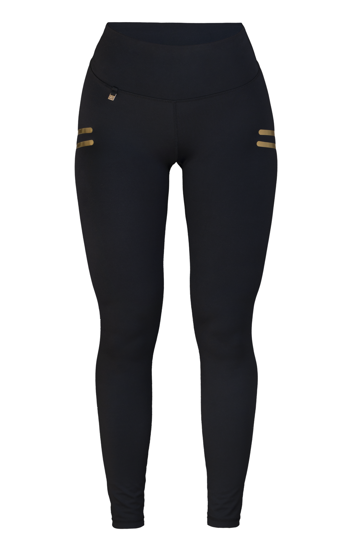Edge Stripe Leggings Sportivi scontornati di fronte. Neri con vita alta e due brevi righe oro sul fianco.