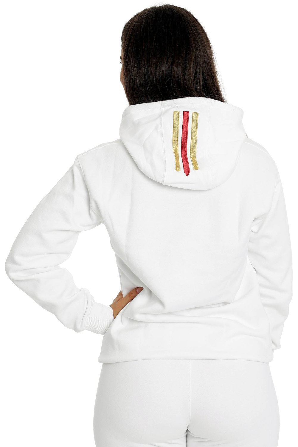 Back of the white hoodie with two gold stripes and one red along the hood.