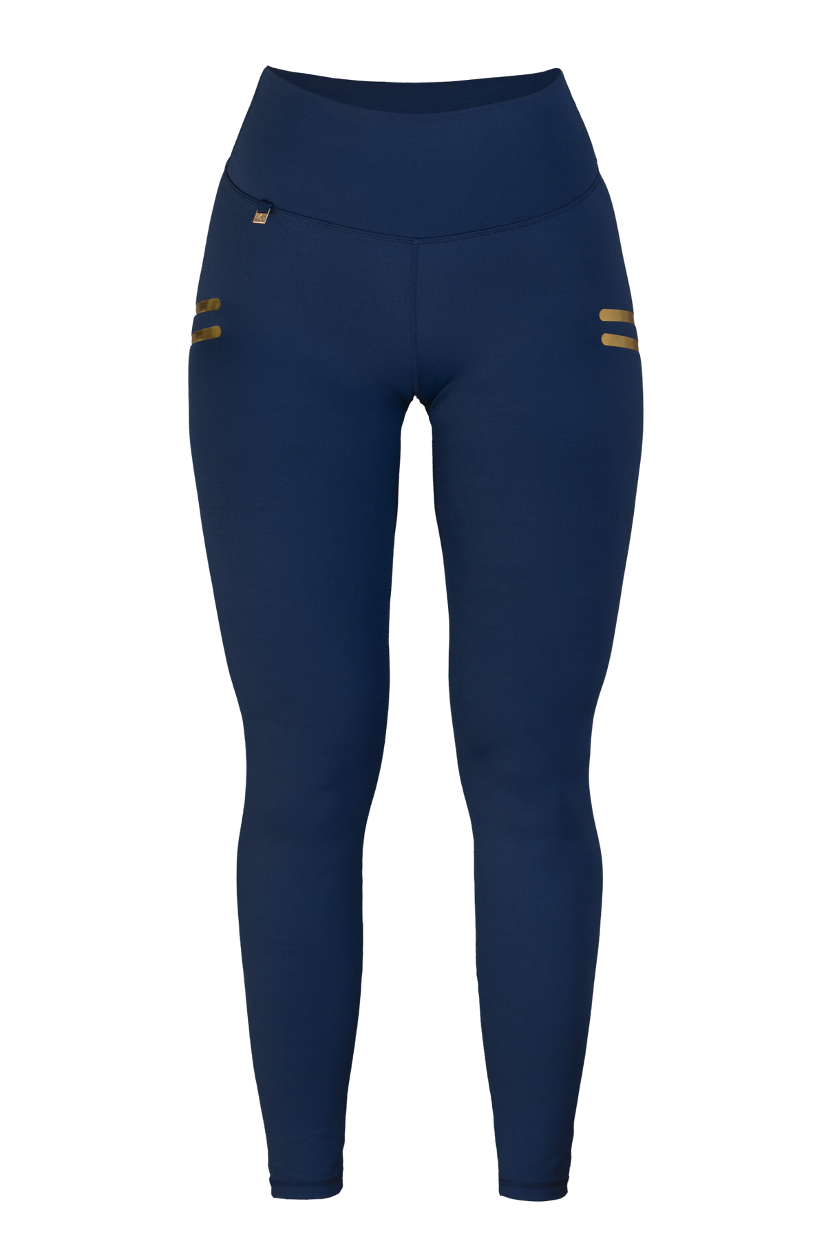 Edge Stripe Leggings Navy cut out from the front. High waist and two short gold stripes on the hip.