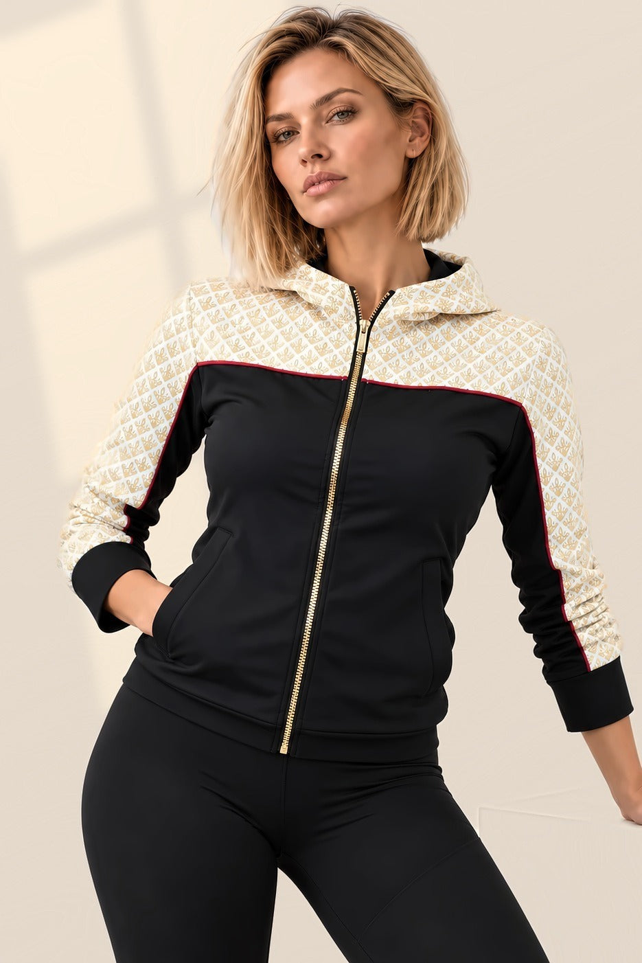 Yoke Training Jacket in black with a hood and yoke in gold and off-white, red piping and a gold-coloured zip.