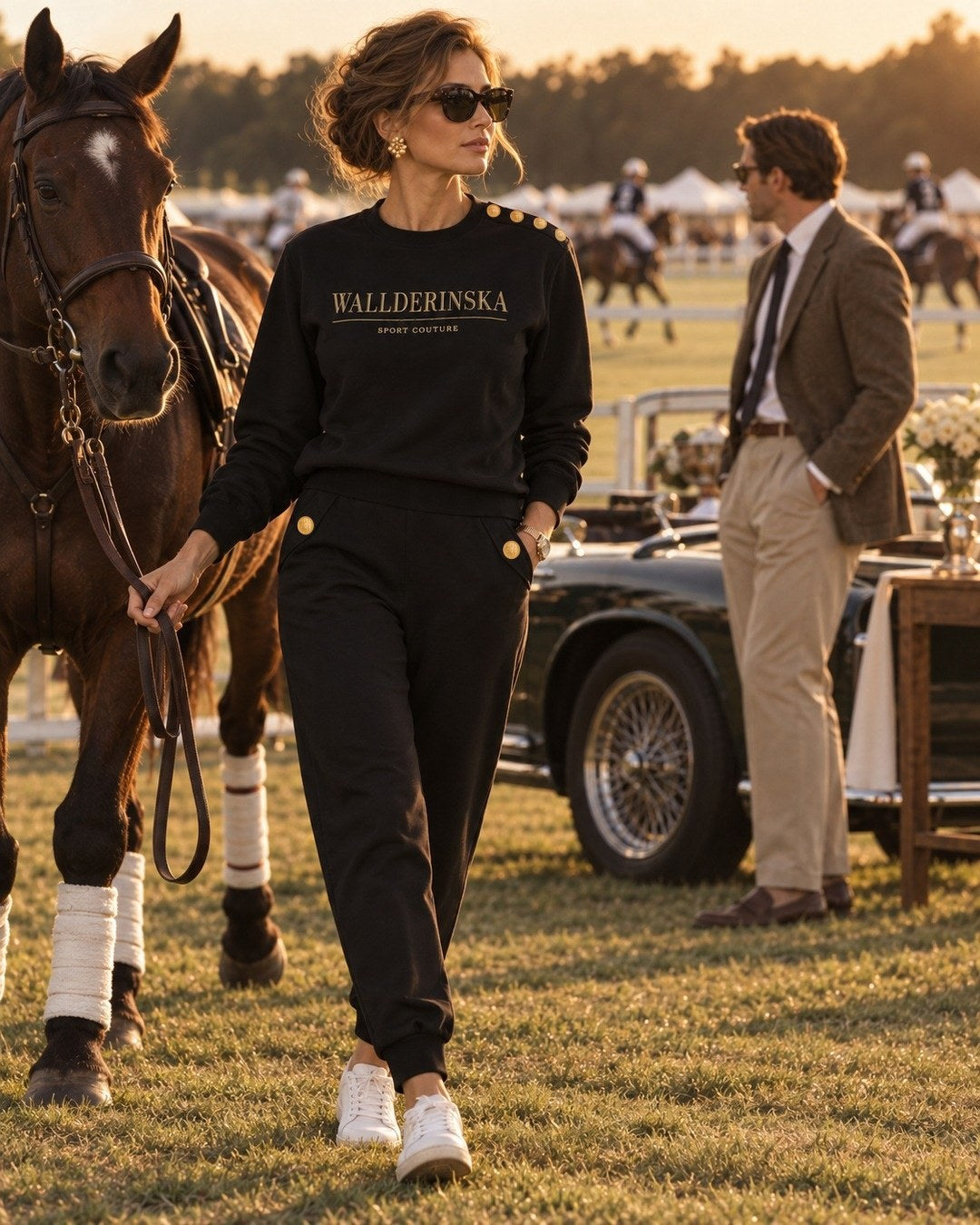 Il completo Edge Gold Button nero, con bottoni dorati sulla spalla, accanto a un cavallo.