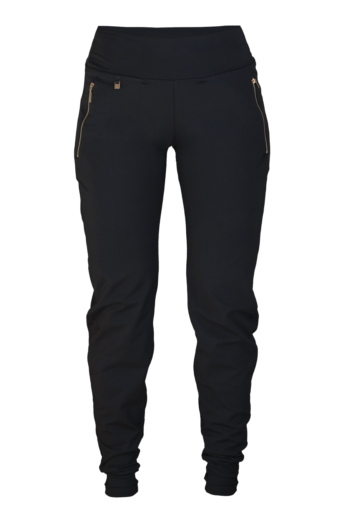 Edge Casual Zip Pants frilagda framifrån. Svarta med hög midja och guldfärgade dragkedjor vid fickorna.