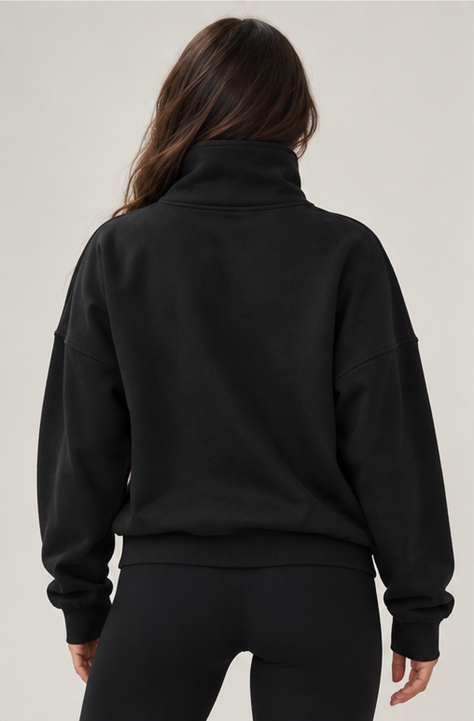 Edge Cozy Half Zip Sweater from behind, straight fit with a wide ribbed hem.