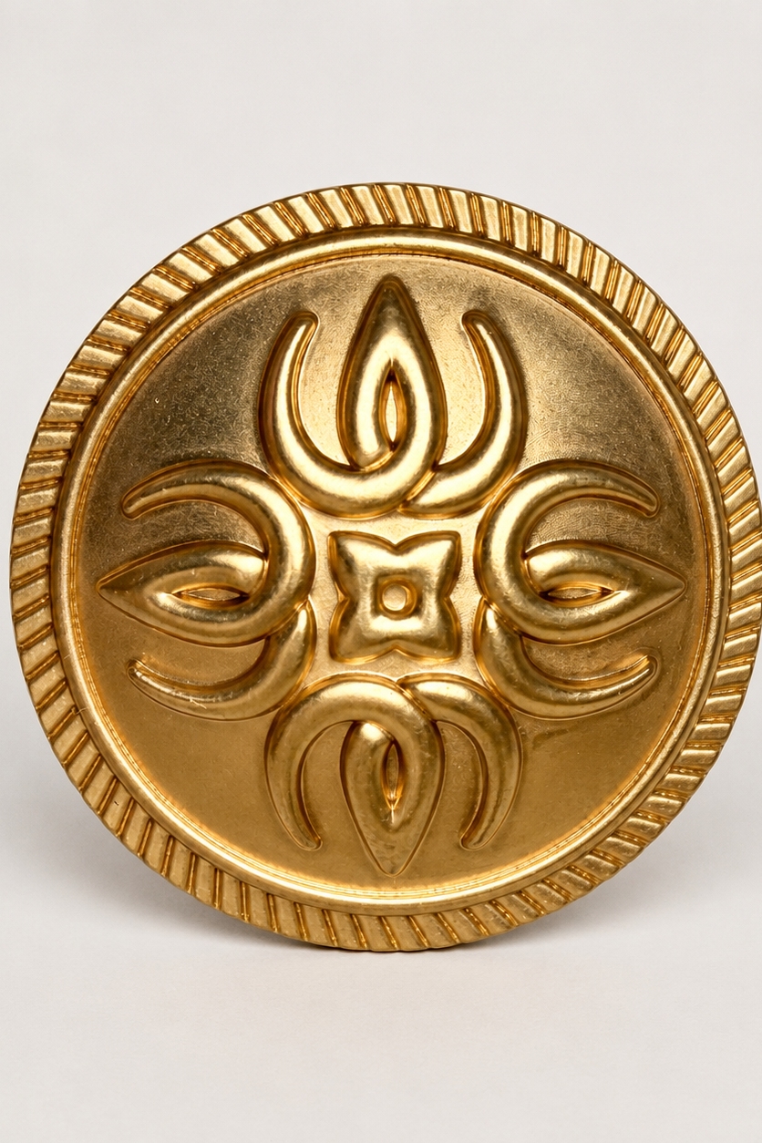 Close-up of the gold button, Wallderinska's V in four directions forming a flower.