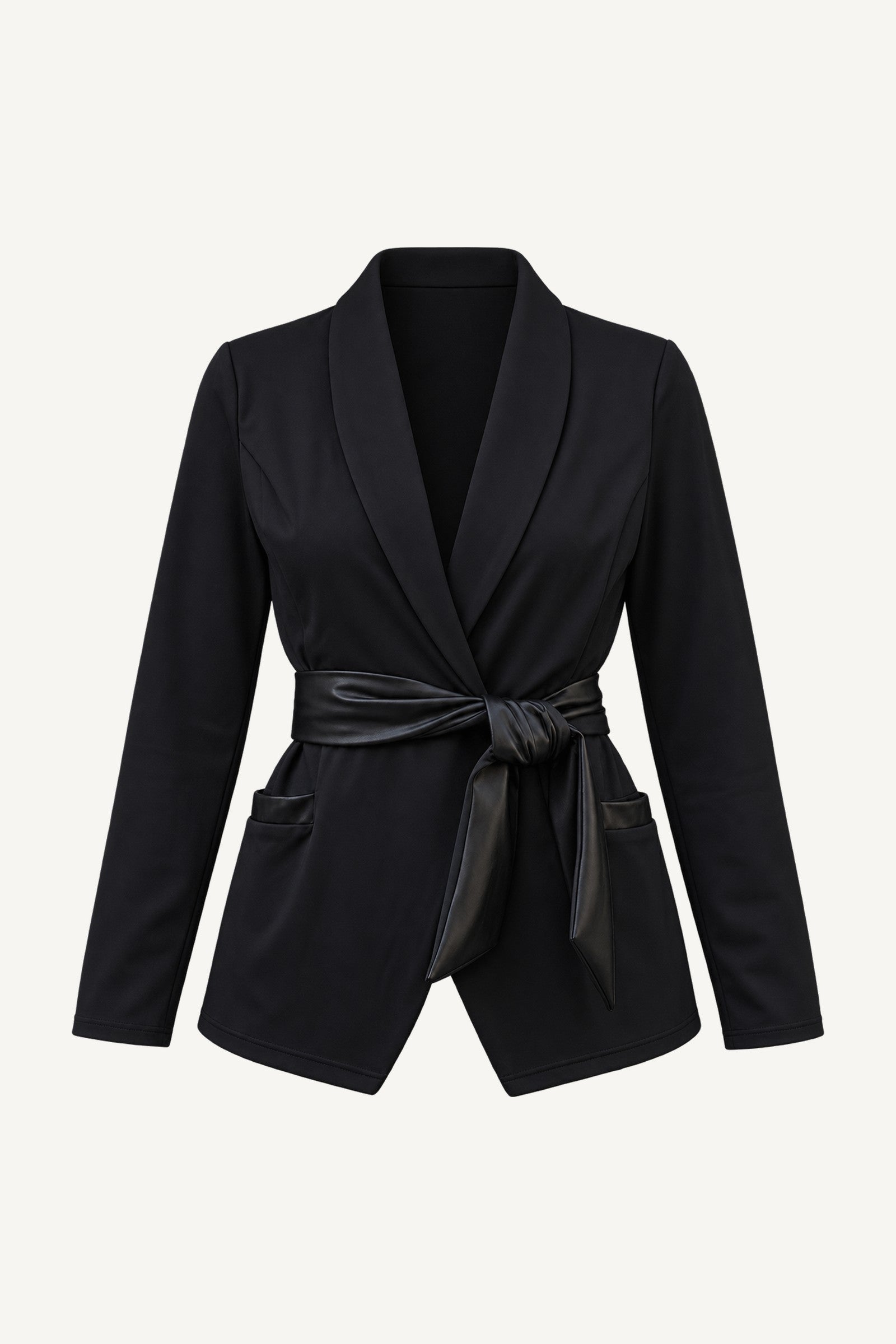 Edge Blazer cut out. Black blazer with a shawl collar, a tied belt at the waist and pockets at the front.