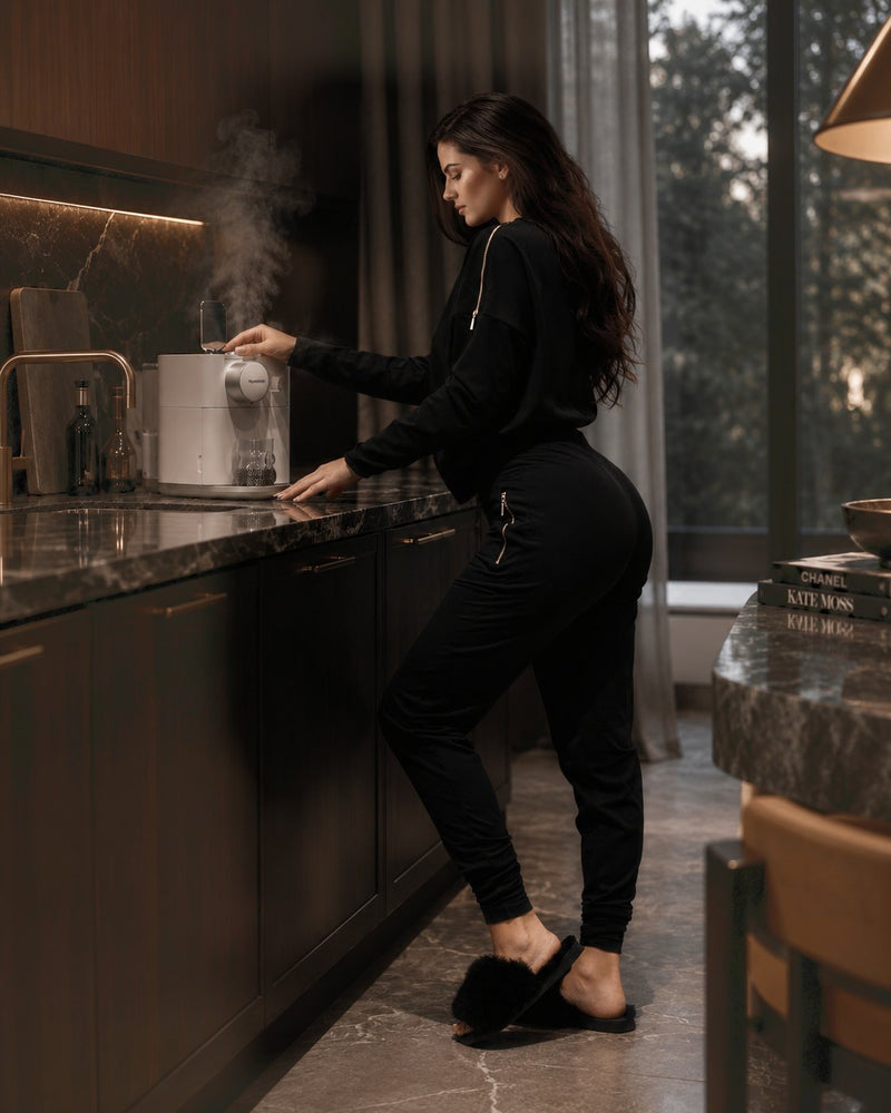 Kvinna i Edge Casual Zip Sweater och Zip Pants gör kaffe vid kaffemaskinen i ett lyxigt kök.