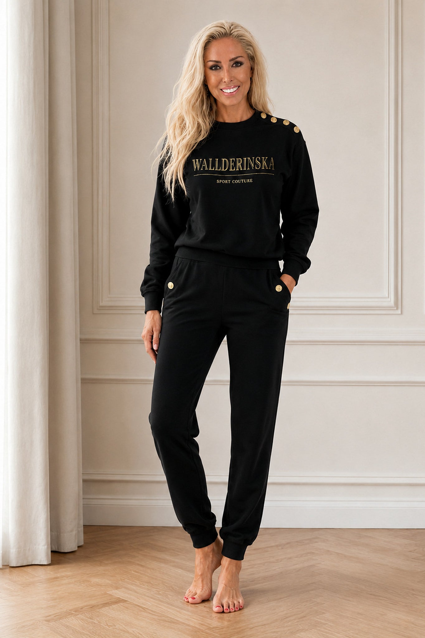Edge Gold Button set in black, sweater and pants with gold buttons