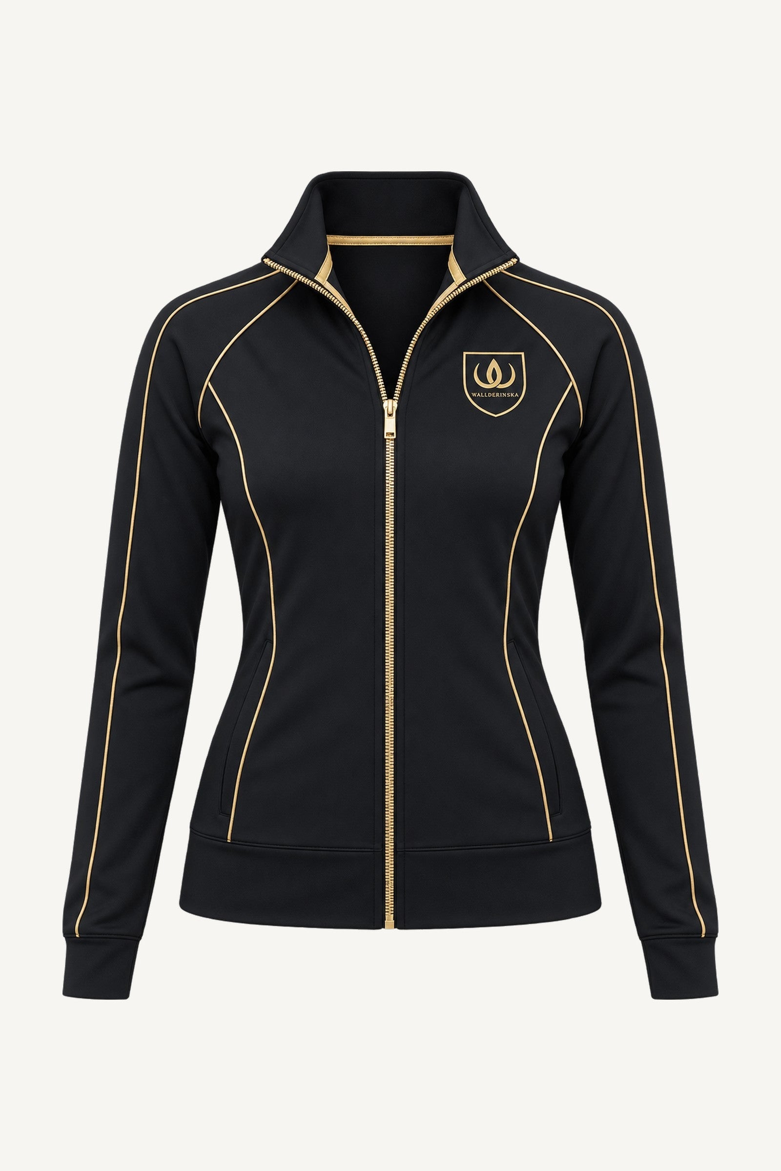 Goldline Träningsjacka from the front, cut out. Black with a gold crest on the chest, gold piping along the seams and a gold-coloured zip all the way up.