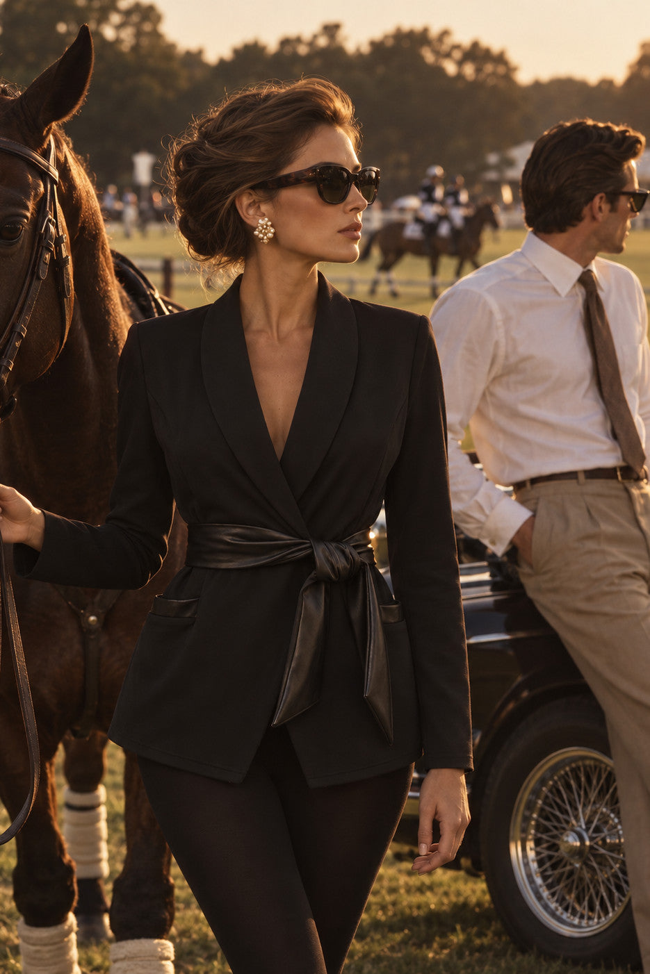 Edge Blazer in black with a tie belt at the waist, by the stables one afternoon