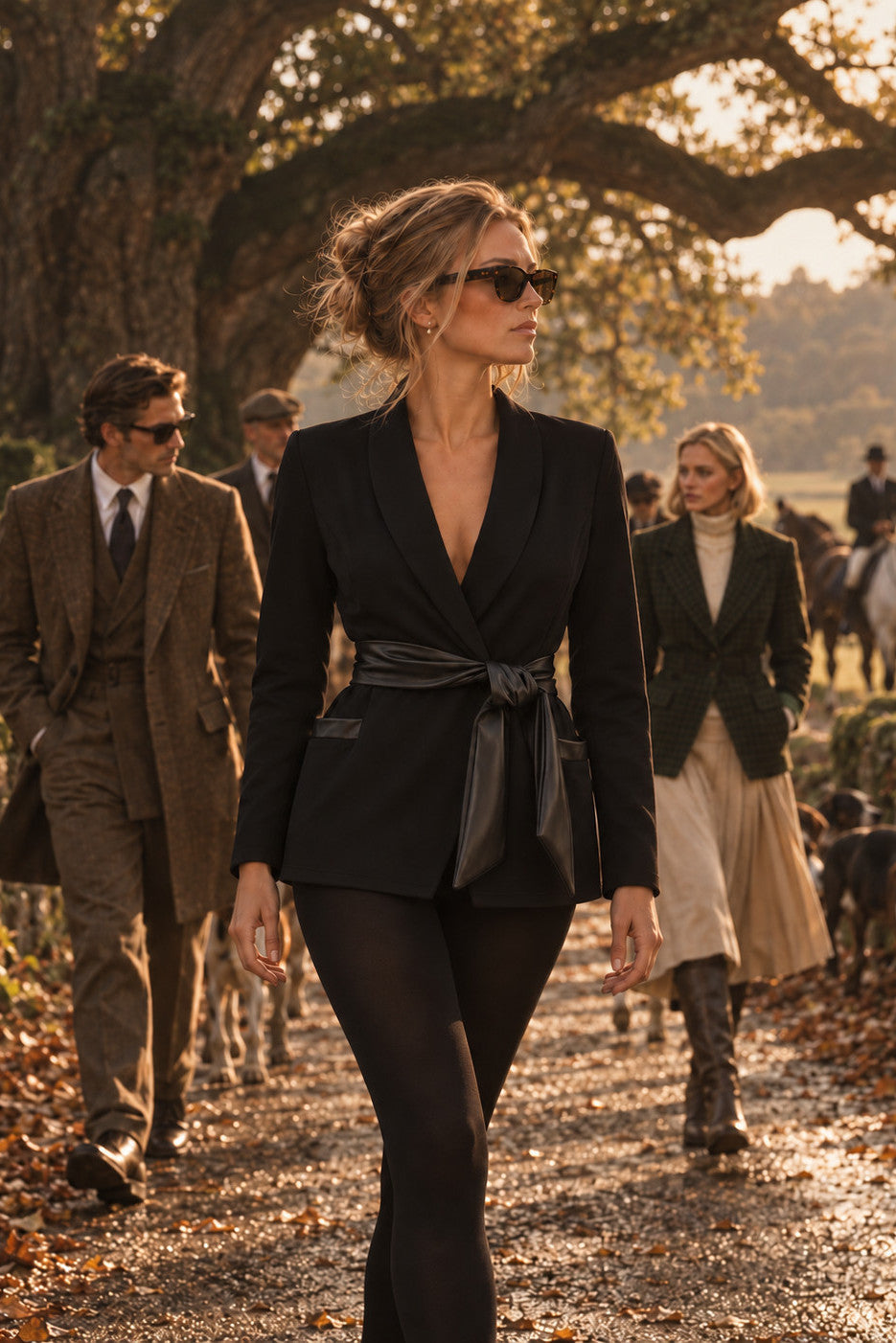 Edge Blazer in black on an avenue under autumn oaks
