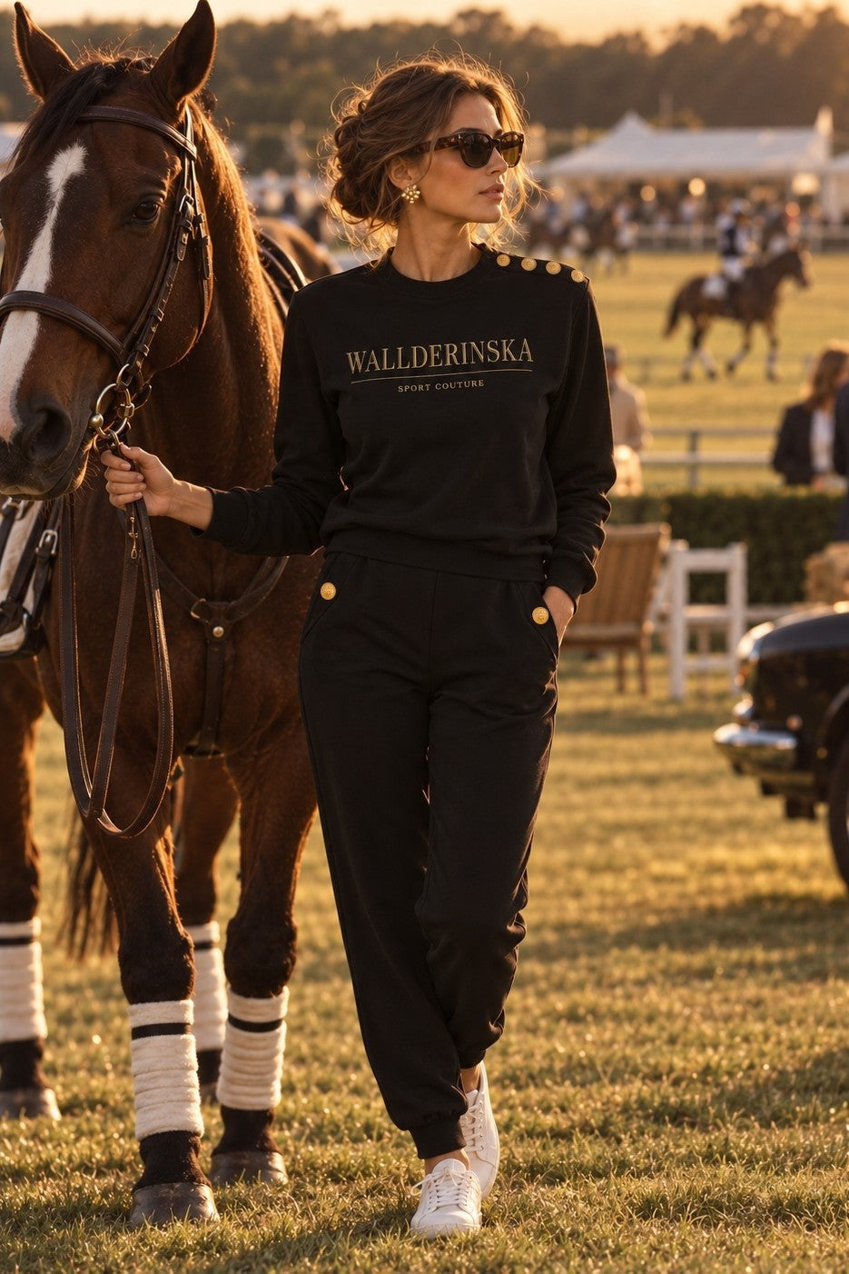 The Edge Gold Button set in black on the polo field, beside a horse.