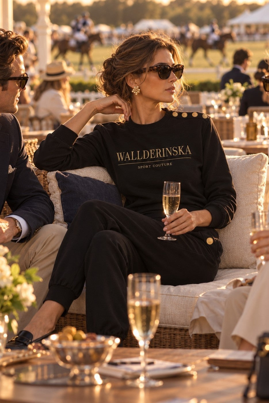The Edge Gold Button set in black at a polo match in evening sun, with a glass of champagne.