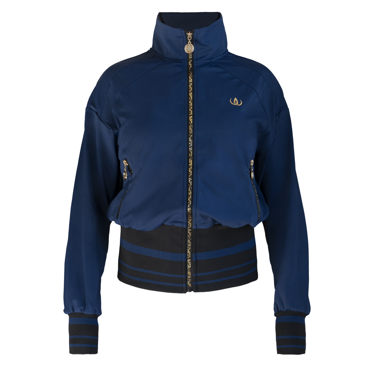 Iconic Veste d'entraînement Navy détourée de face. Bleu marine avec fermeture dorée, col haut et bord-côte rayé en bas.